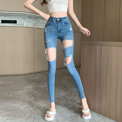 个性设计感破洞牛仔裤女夏季薄款九分裤高腰显瘦弹力紧身小脚裤子 - 图0