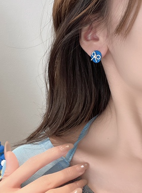 甜美克莱因蓝白色蝴蝶结耳钉S925银针耳钉少女清新ins耳饰品耳夹
