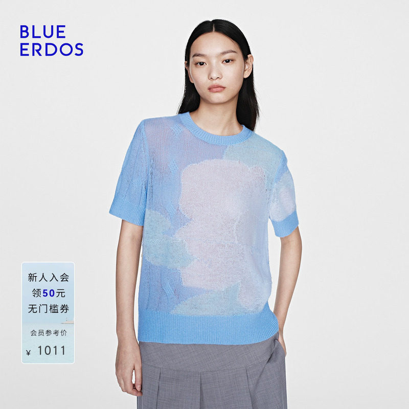 【空气羊绒】BLUE ERDOS26夏季新品羊毛羊绒混纺冰蓝提花半袖套衫