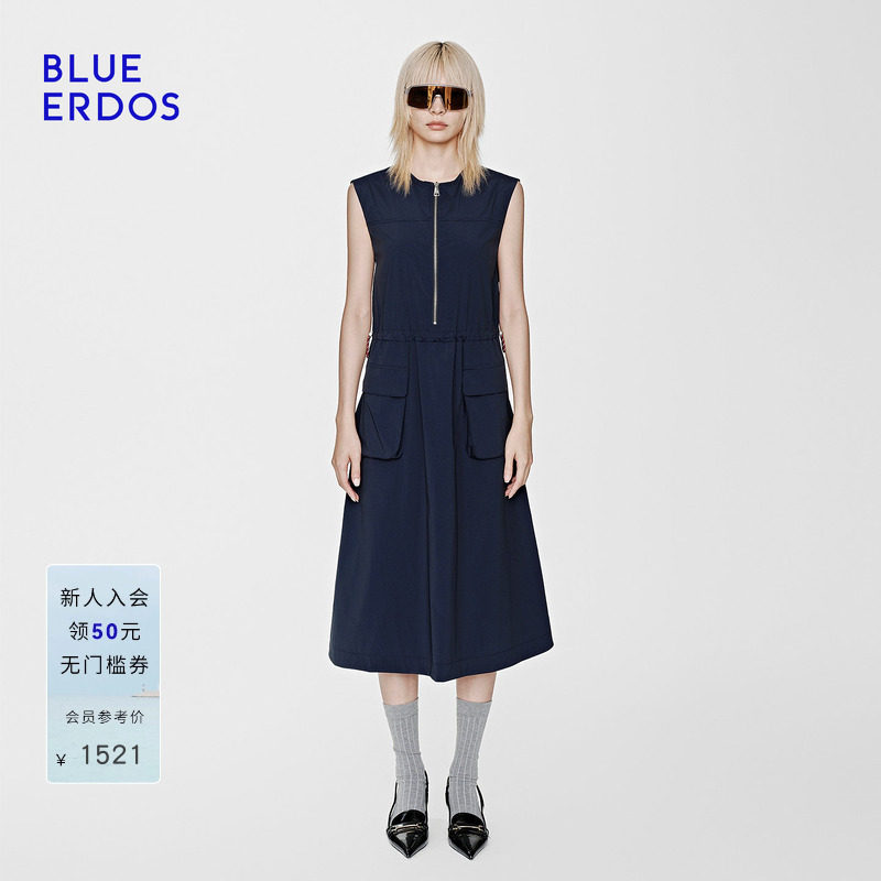 BLUE ERDOS26夏季新品简约休闲海军蓝无袖长款连衣裙女B2265I019