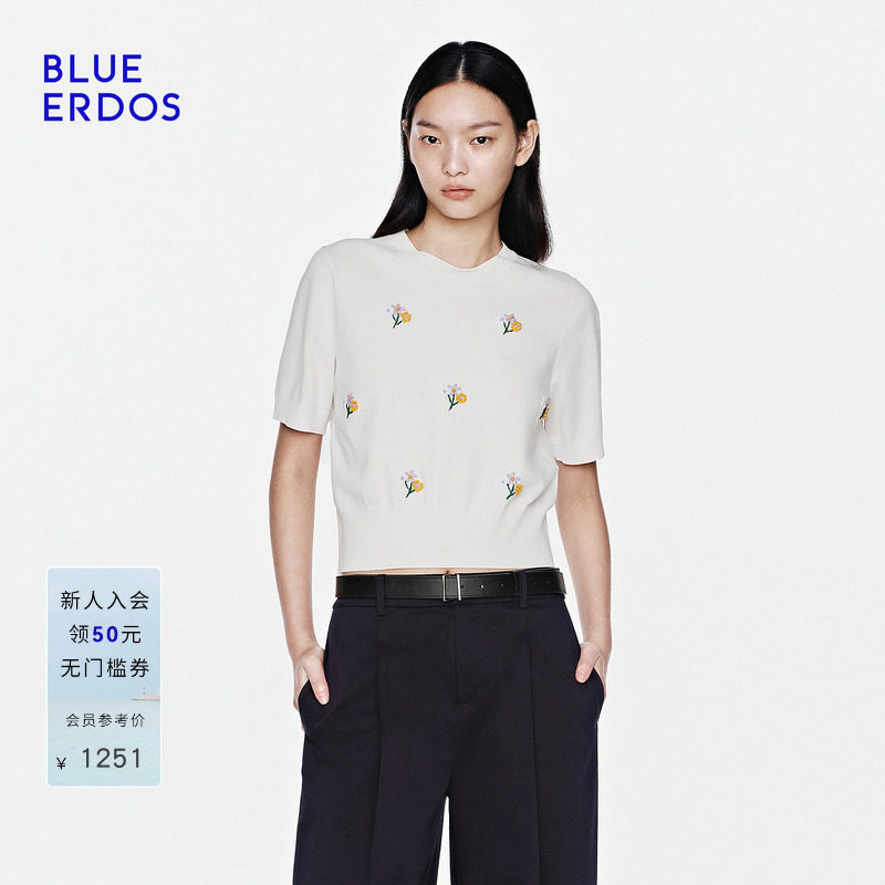 BLUE ERDOS2026夏季新品日常通勤立体绣花圆领短袖上衣女田园风