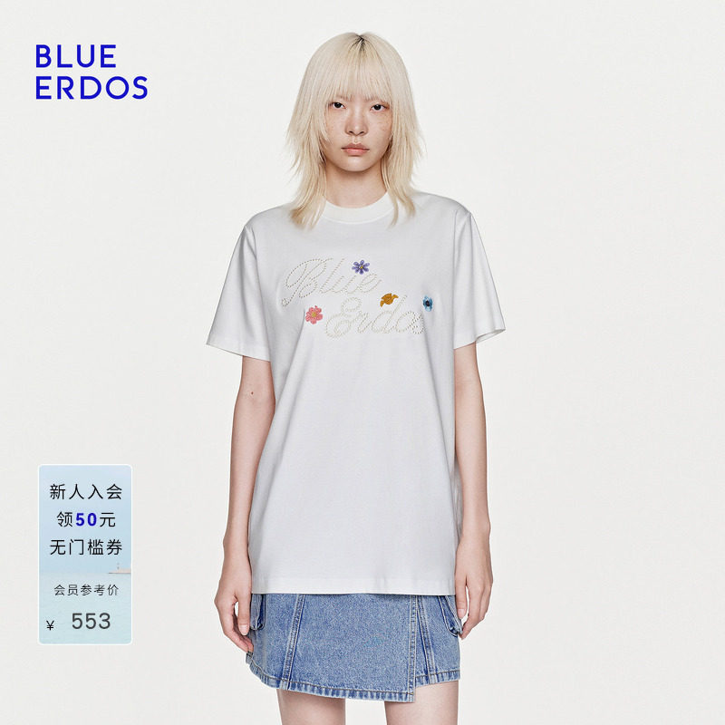 【100%棉】BLUE ERDOS26夏季新品温柔风花朵刺绣LOGO圆领T恤女