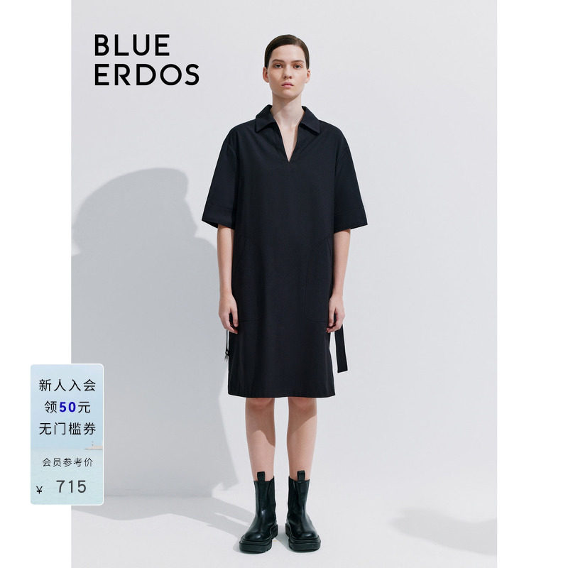 BLUE ERDOSV形翻领H型廓形棉麻混纺连衣裙B245I3025