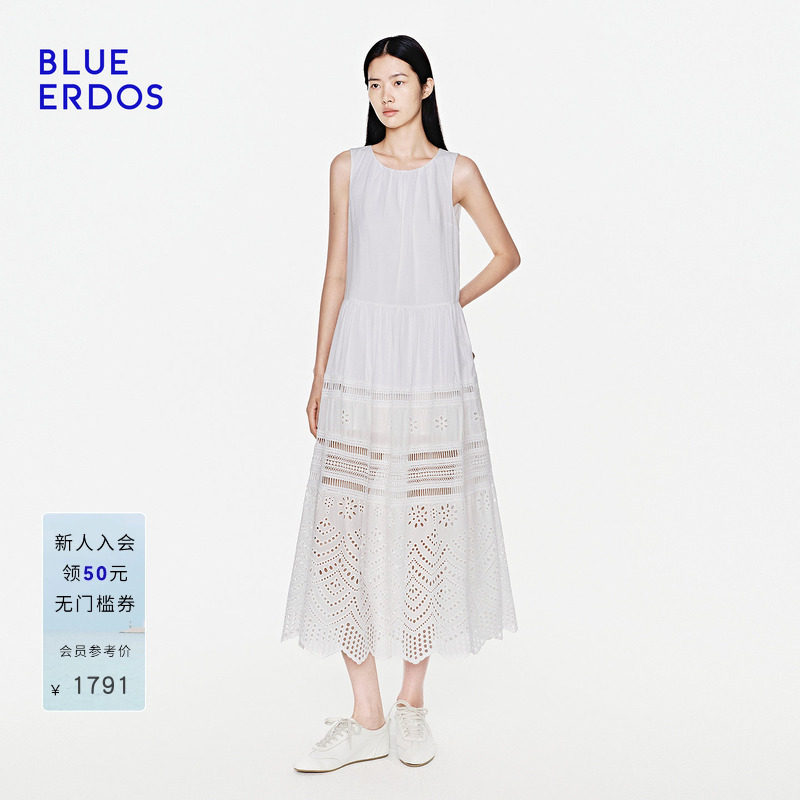 【100%棉】BLUE ERDOS2026夏季新品镂空刺绣微A收腰无袖连衣裙女