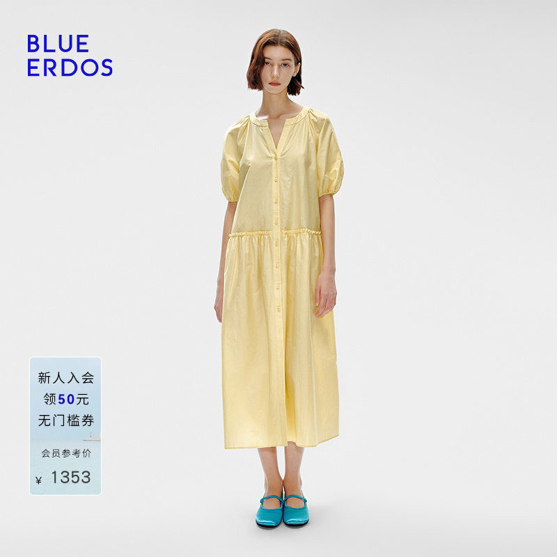 BLUE ERDOS夏季宽松欧若风V领泡泡袖中长款连衣裙B255I2006
