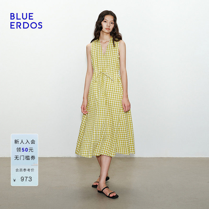 BLUE ERDOS2026夏季新品度假风黄色格纹气质V领无袖连衣裙女