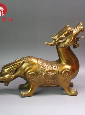 黄铜貔貅摆件 铜双头兽 双头貔貅摆件 双龙瑞兽中式家居装饰摆件