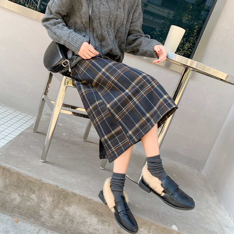 针织格子秋冬高腰显瘦直筒裙半身裙 loannina半身裙