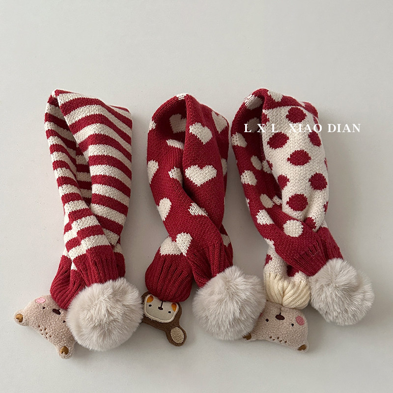 红色喜庆儿童围巾洋气大毛球交叉针织脖套男童女宝宝户外保暖护颈,淘宝优惠券,粉丝福利购,淘宝优惠卷