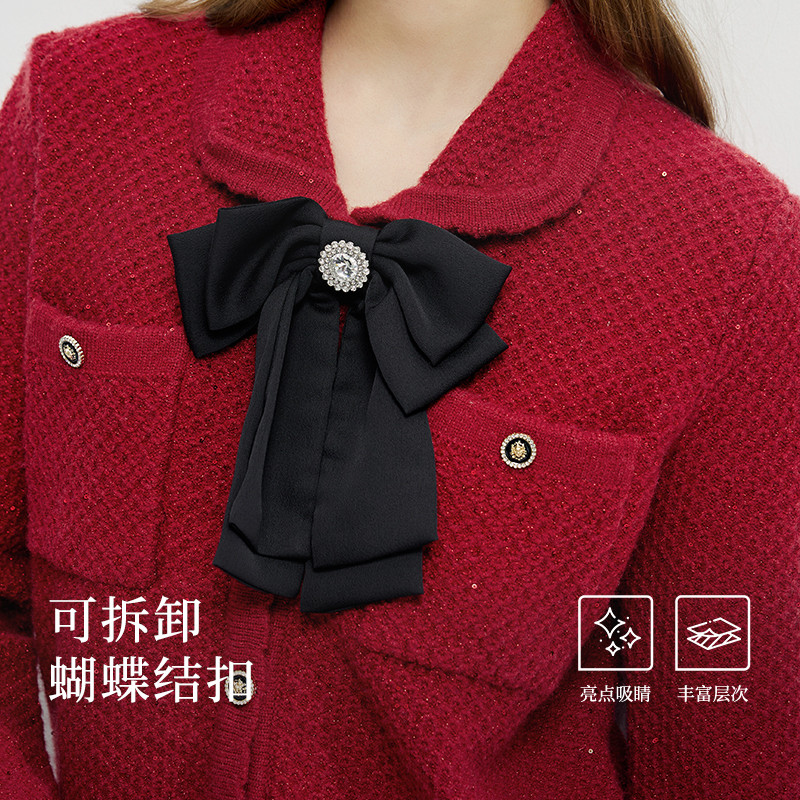 秋水伊人短款蝴蝶结针织开衫2026春新款H型编织短款翻领红色毛衣