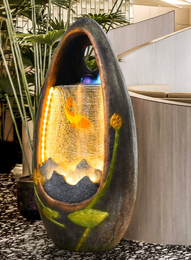 中式风灯光餐厅荷花鱼儿流水摆件