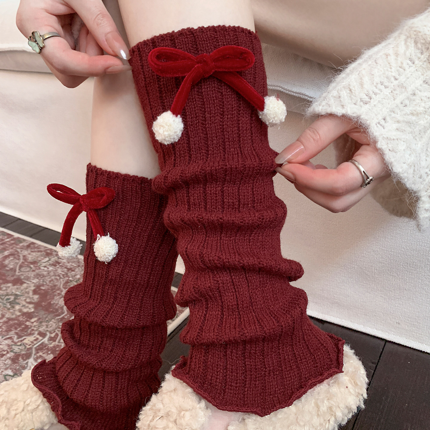 新年红色袜套女日系jk少女甜美蝴蝶结腿套秋冬可爱圣诞节堆堆腿套,淘宝优惠券,粉丝福利购,淘宝优惠卷