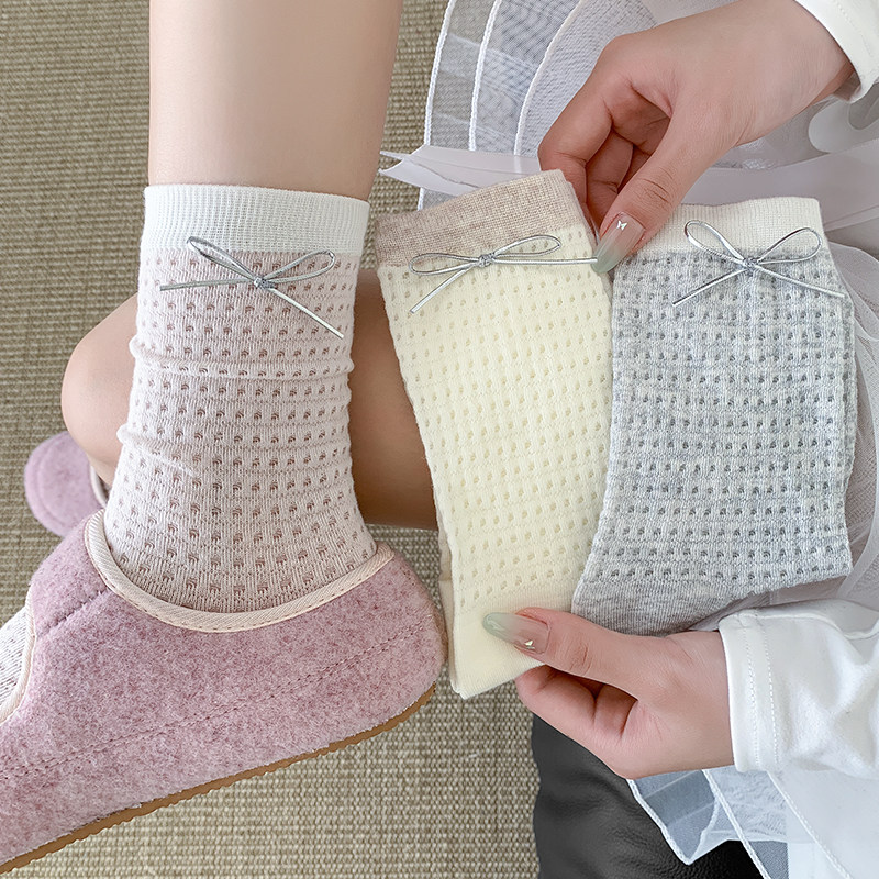 蝴蝶结袜子女中筒袜夏季薄款少女可爱日系jk网眼透气堆堆袜配皮鞋,淘宝优惠券,粉丝福利购,淘宝优惠卷