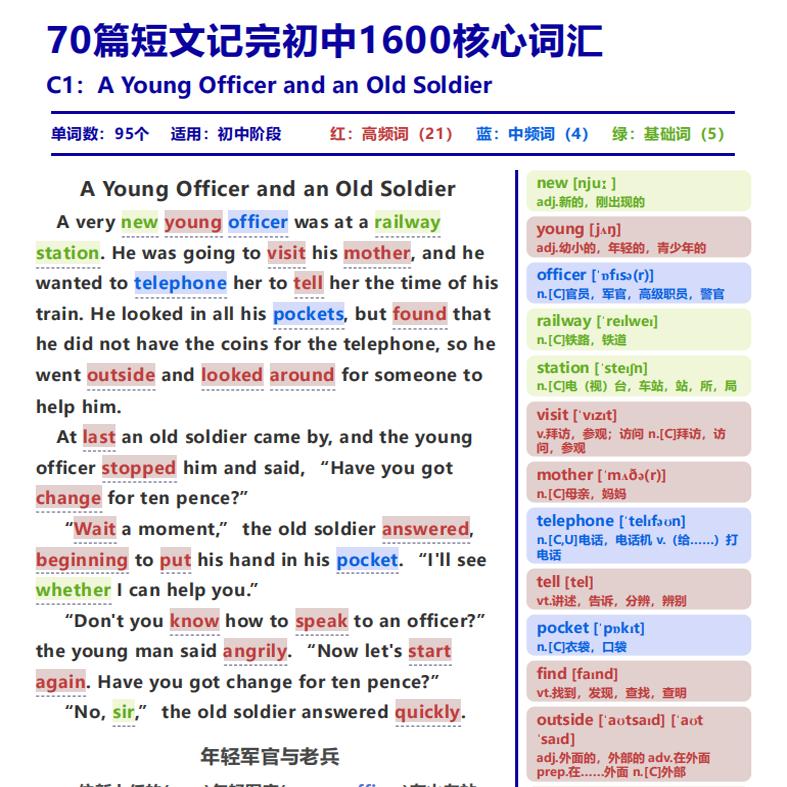 初中英语词汇表70篇短文记完初中必会背1600核心词汇单词表汇总表