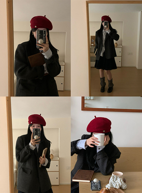 秋冬百搭羊毛呢贝雷帽女韩版ins红色帽子高级感显脸小蓓蕾画家帽