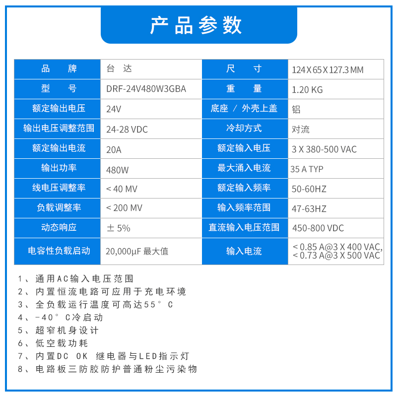 DRF-24V480W3GBA台达导轨开关电源24V20A480W直流稳压导轨电源 - 图0