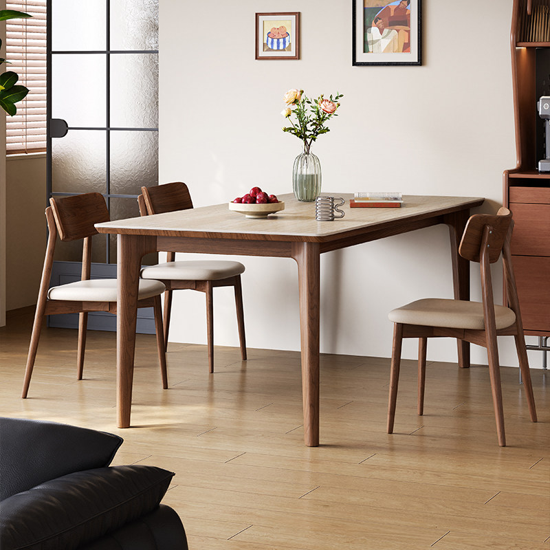 梵创 实木岩板餐桌长方形小户型家用中古风2025年新款德利丰饭桌,淘宝优惠券,粉丝福利购,淘宝优惠卷