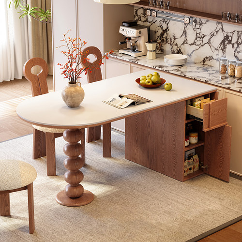 梵创 法式复古中古风实洞石岩板餐桌椭圆形可折叠储物木吃饭桌子 - 图0