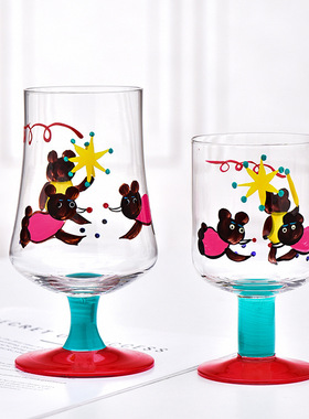 日式同款手绘可爱卡通熊熊杯子高脚杯聚会红酒杯玻璃冰激凌杯