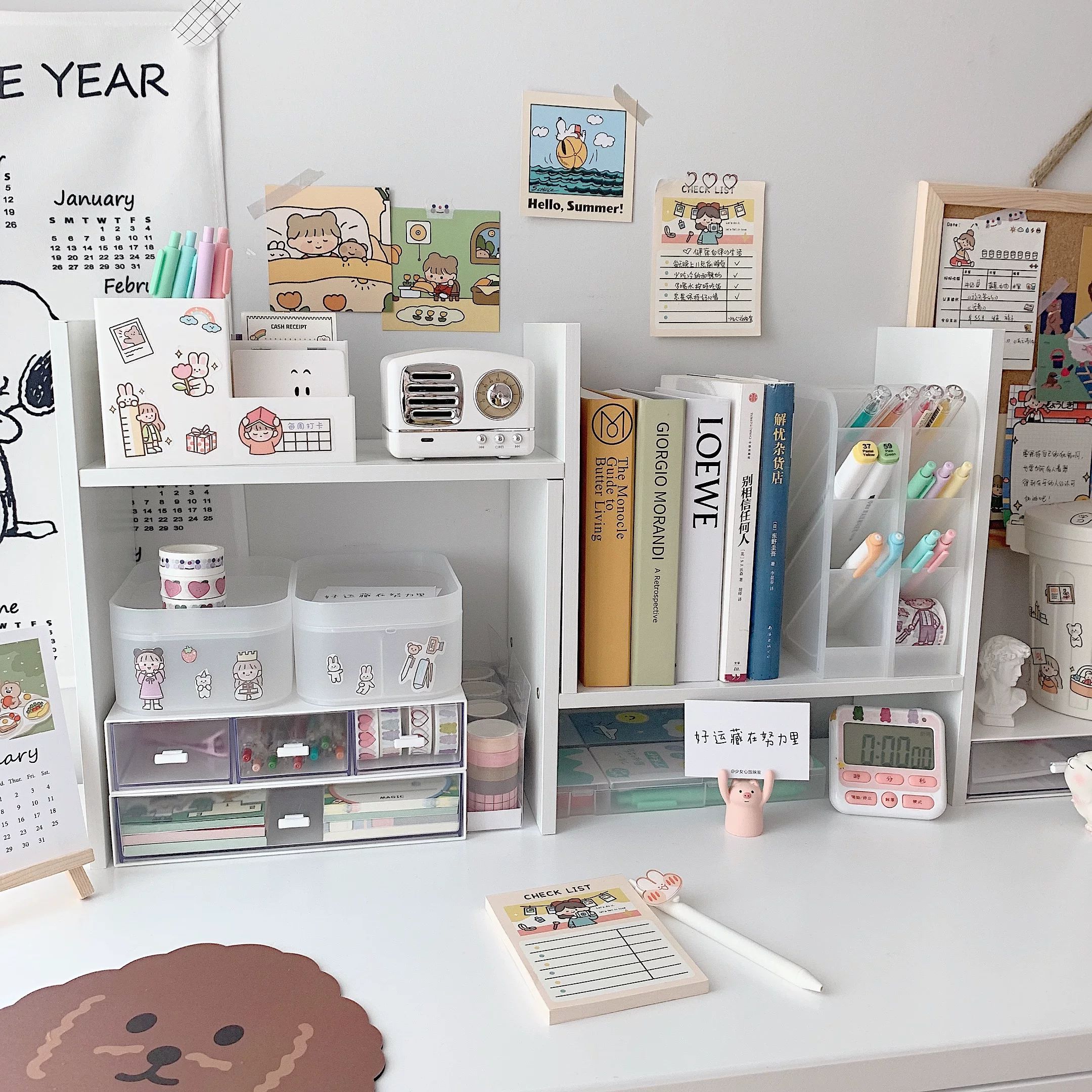 Desktop Organizer INS-style White 2-layer Student Desk Storage Rack with Tool Compartments