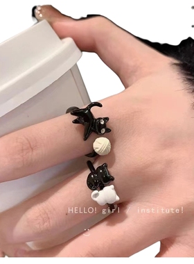 可爱搞怪黑白猫咪开口食指戒