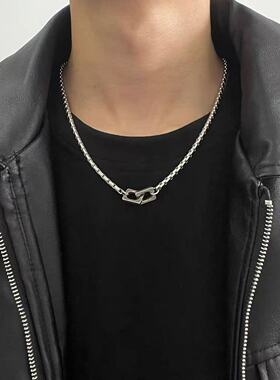 方形双环扣钛钢男士项链潮流小众锁骨短袖链春夏穿搭卫衣链