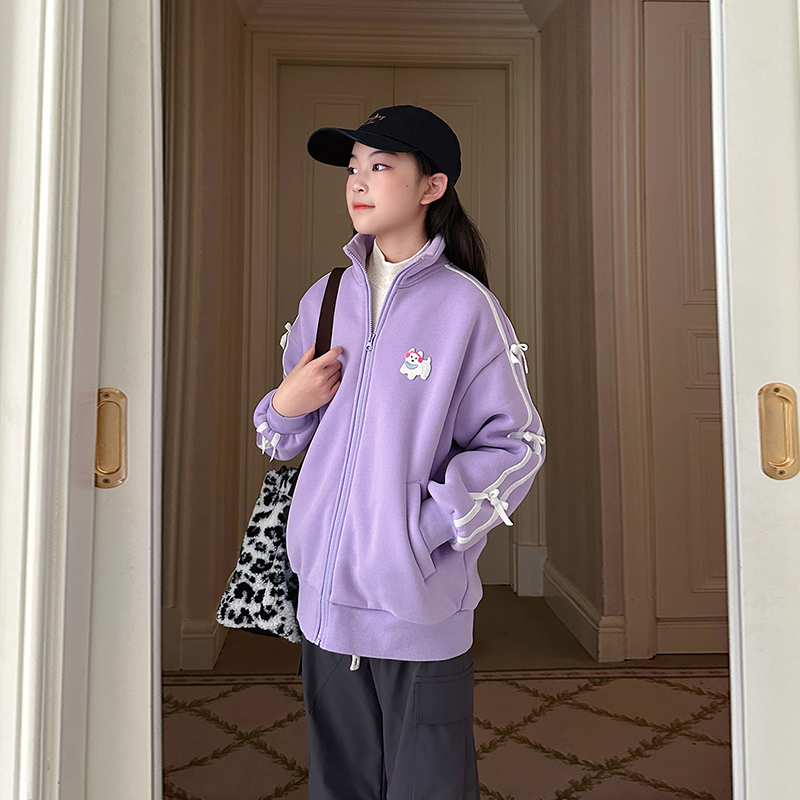 gugumini童装女童少女装冬季加绒加厚磨毛卫衣蝴蝶结开衫外套 - 图0