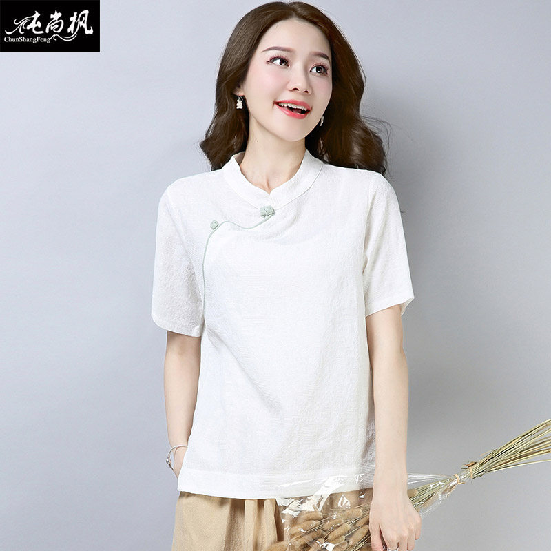 民国复古中式唐装短袖棉麻茶服旗袍 纯尚枫女装上衣