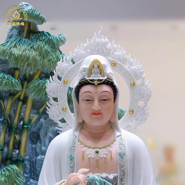 Purple Bamboo Forest Guanyin Statue Living Room White Marble Chinese Style