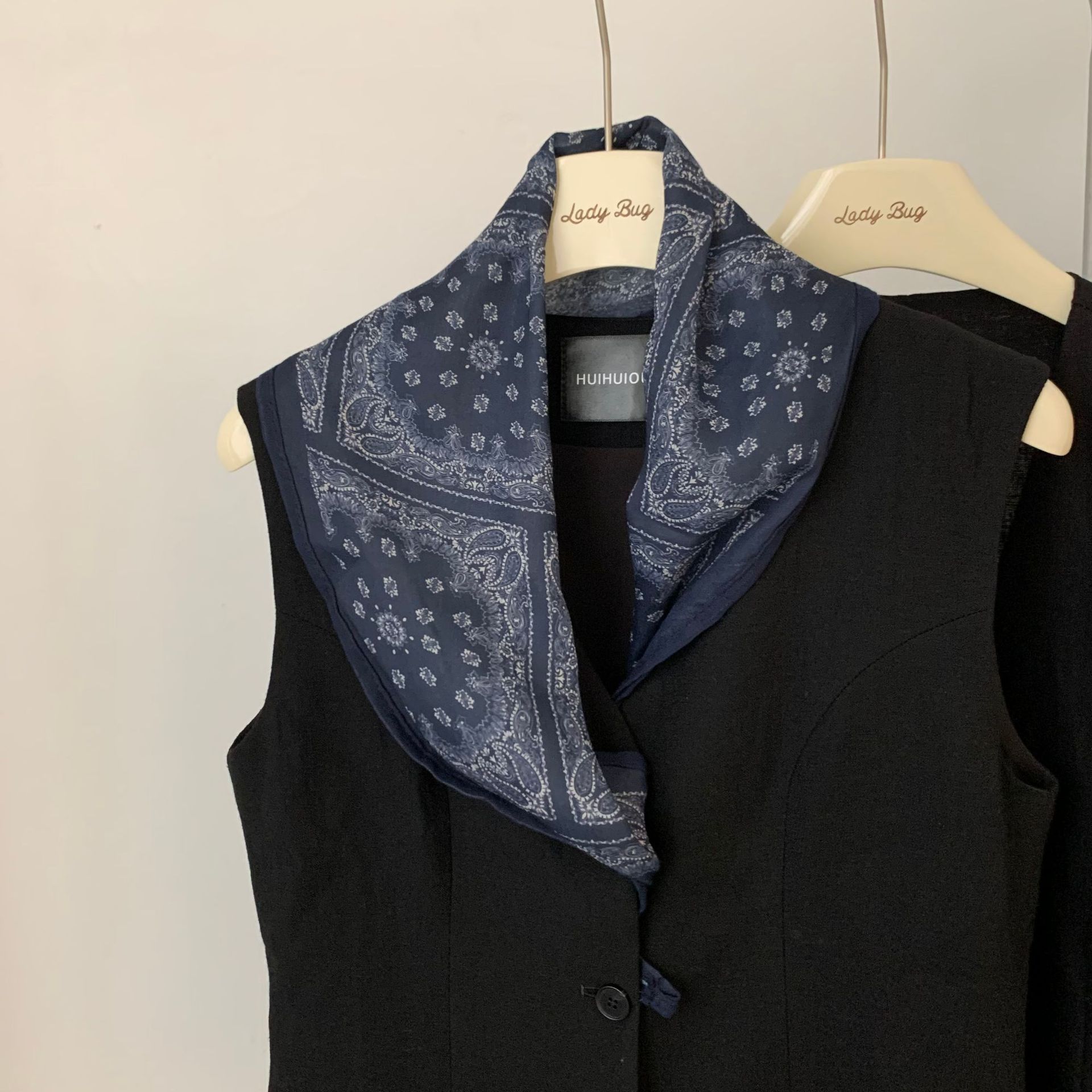 复古风藏蓝色腰果花棉麻丝巾系脖小领巾三角巾头巾腰带系腰间装饰 - 图0