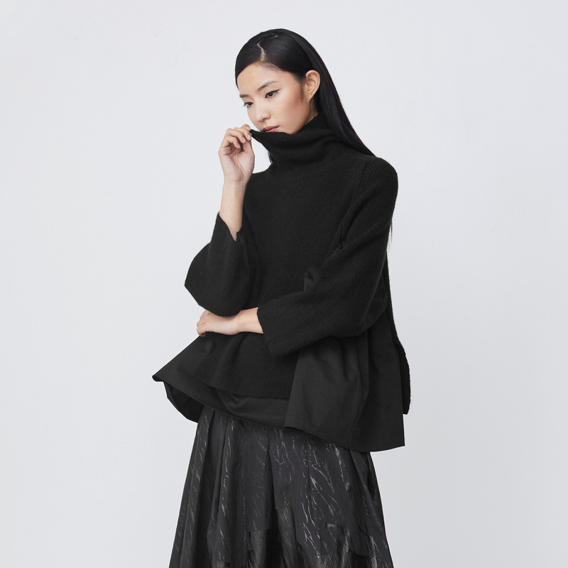 sdeer圣迪奥冬季女装罗纹高领衬衫拼接黑色宽松毛衣S21483505 - 图2