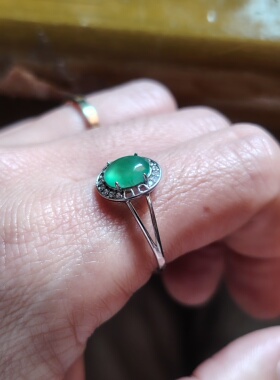 天然A货翡翠缅料满绿冰种翡翠缅料满绿戒指925纯银活口可调节个性
