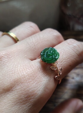 天然和田碧玉玫瑰花戒指女款925银镶嵌时尚个性简约百搭饰品礼物
