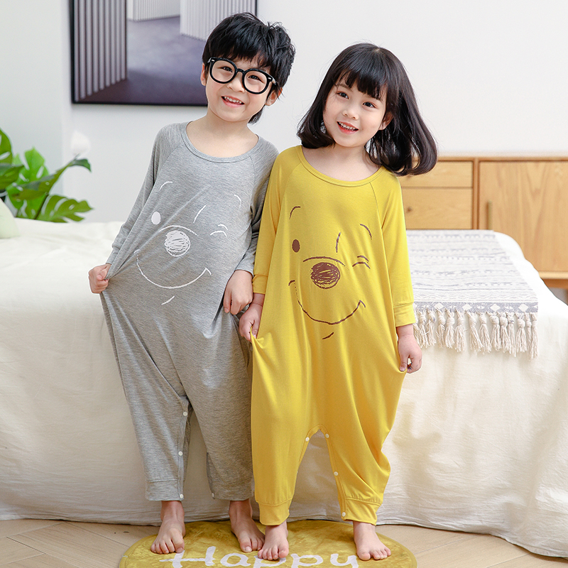 春夏儿童长袖莫代尔薄款透气连体衣男女童宝宝家居服爬服睡衣