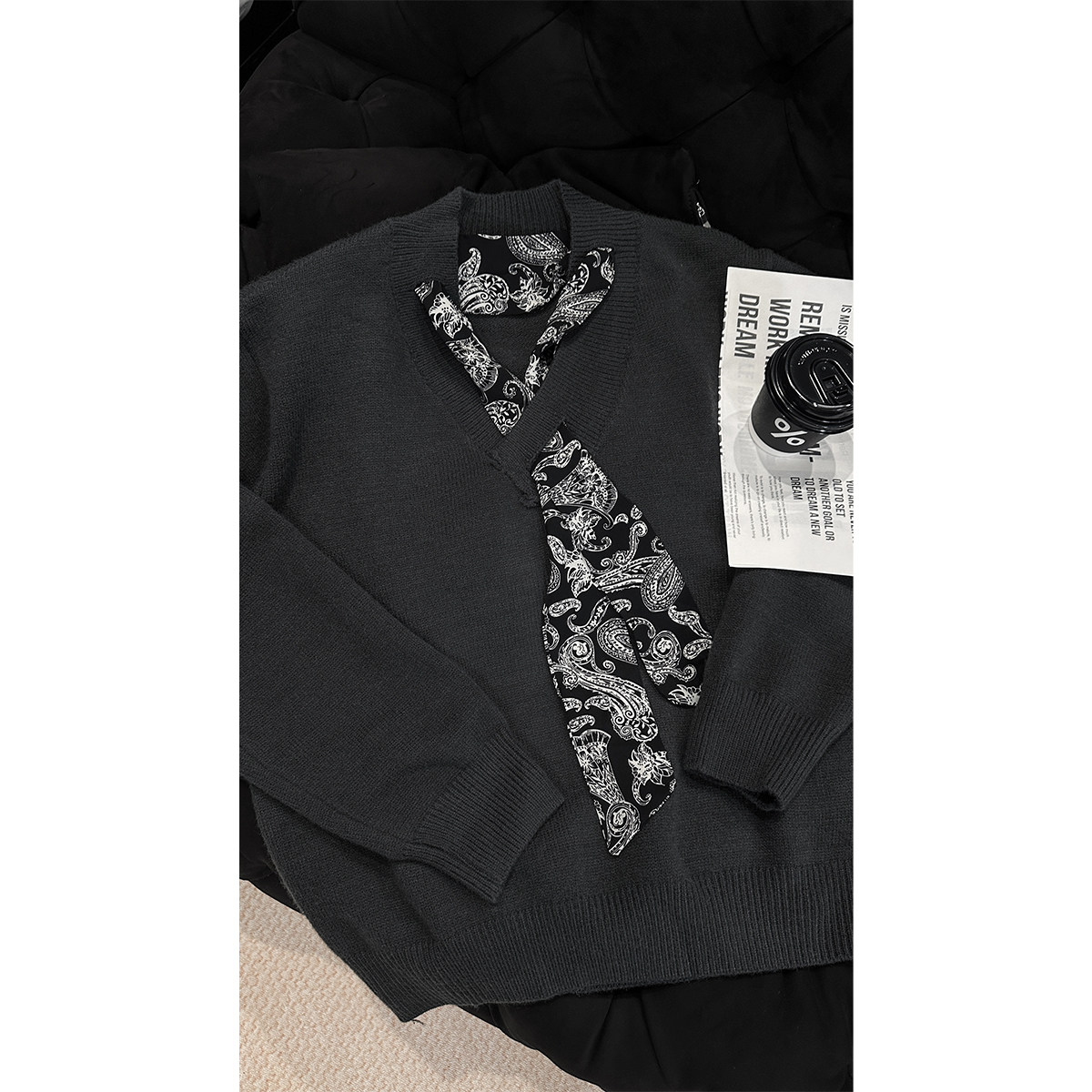 龙叨叨秋季新品复古设计感丝巾系带长袖针织衫男韩系宽松休闲毛衣,淘宝优惠券,粉丝福利购,淘宝优惠卷