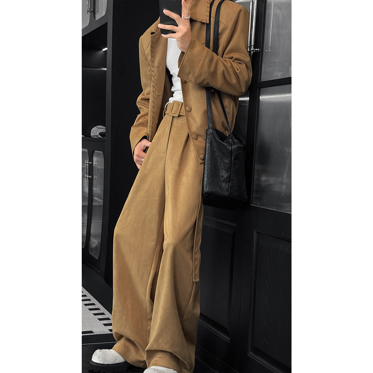 龙叨叨秋季新款潮流复古高级感绒面翻领夹克百搭宽松弯刀长裤套装,淘宝优惠券,粉丝福利购,淘宝优惠卷