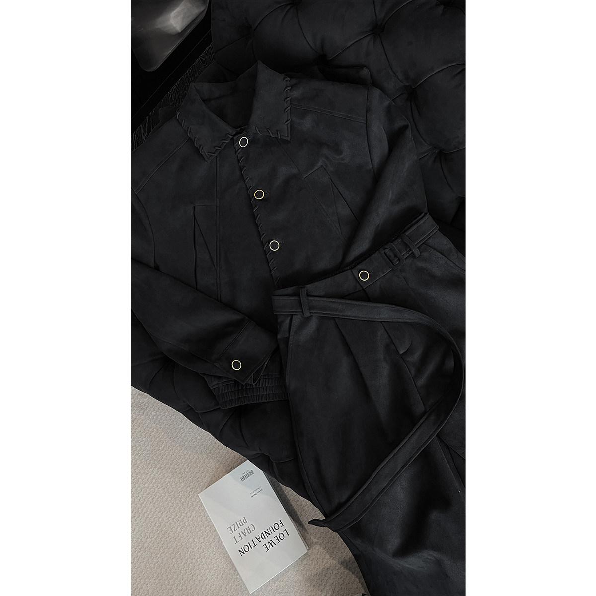 龙叨叨秋季新款潮流复古高级感绒面翻领夹克百搭宽松弯刀长裤套装,淘宝优惠券,粉丝福利购,淘宝优惠卷