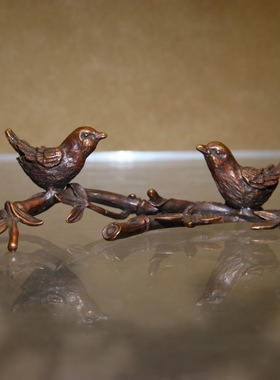 复古铜器枝上喜鹊中式茶台摆件喜上眉梢文房笔架居家桌面玄关摆件