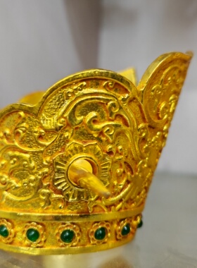 珍藏收老唐代宫廷御用摆件纯铜纯手工制作雕刻镶嵌宝石鎏金官帽