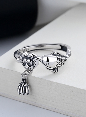 新款复古莲花鱼戒指复古开口转运锦鲤鱼指环女生饰品年年有