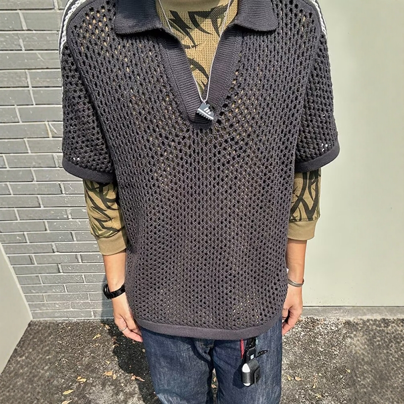 黑色网状镂空美式polo衫短袖男高级感痞帅cleanfit针织衫t恤男款 - 图0