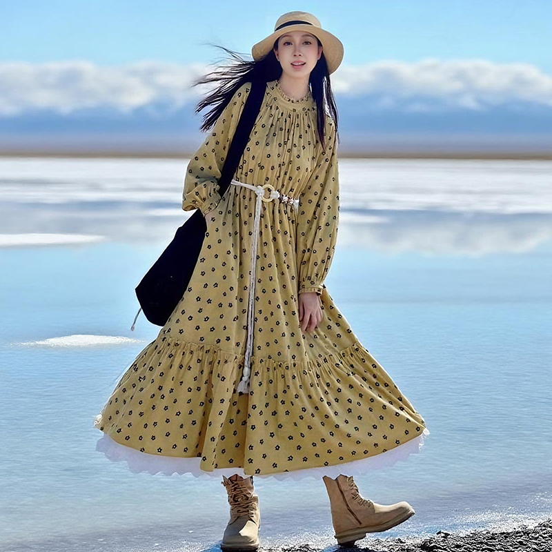 【雏菊漫旅】复古灯芯绒连衣裙宽松印花A字裙女秋季立领荷叶边裙 - 图3