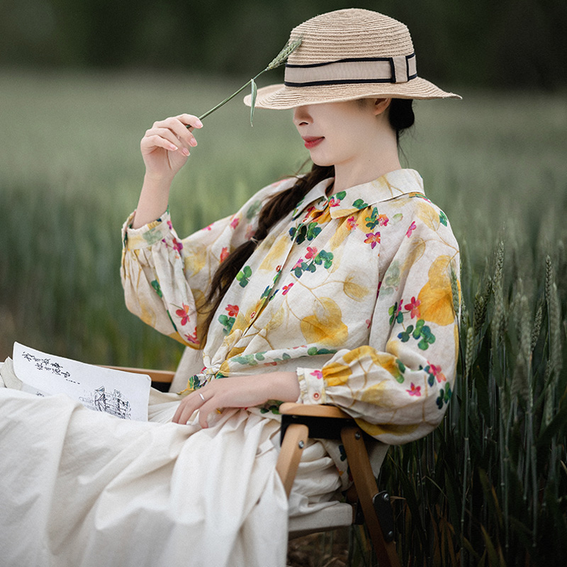 出清【林花如锦】苎麻印花衬衫女春夏新款宽松衬衣长袖上衣防晒衫-图1