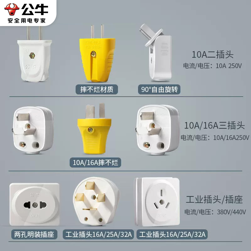 公牛插头两脚10A电源热水器16A三脚插2孔三项两极明装插座不带线