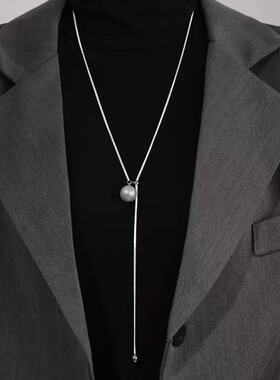 925镀银抽拉珍珠长款毛衣链项链女时尚简约小众设计ins风个性锁骨
