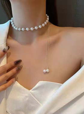 网红夏季珍珠项链女ins小众设计感气质锁骨链欧美潮流首饰品