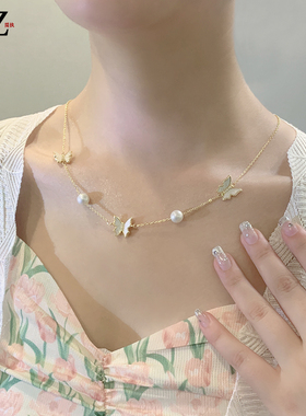 夏季蝴蝶珍珠设计项链锁骨链女