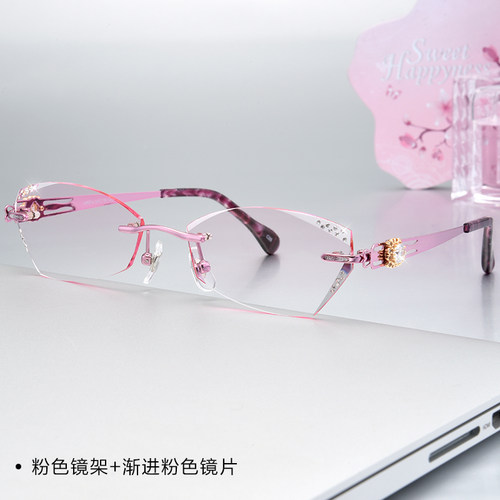 超轻纯钛无框近视眼镜女成品镶钻石切边眼镜变色眼镜架平光防辐射 - 图0