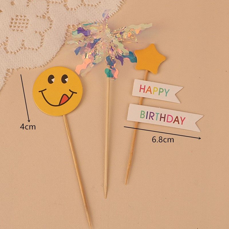 可爱简约happy birthday生日蛋糕装饰插件笑脸雨丝纸杯蛋糕插牌,淘宝优惠券,粉丝福利购,淘宝优惠卷