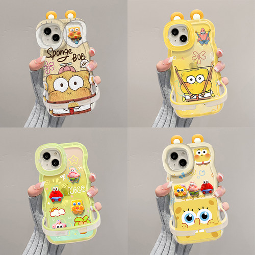 适用于苹果17promax手机壳新款iPhone16海绵宝宝15plus透明14/13隐形双支架一体软硅胶12创意11全包保护套xs - 图3